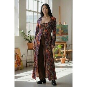 Vintage 1970S Psychedelic Paisley Thai Front Floor Length Duster Size Small